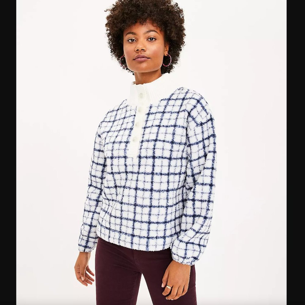LOFT Plaid Rib Trim Sherpa Pullover NWT